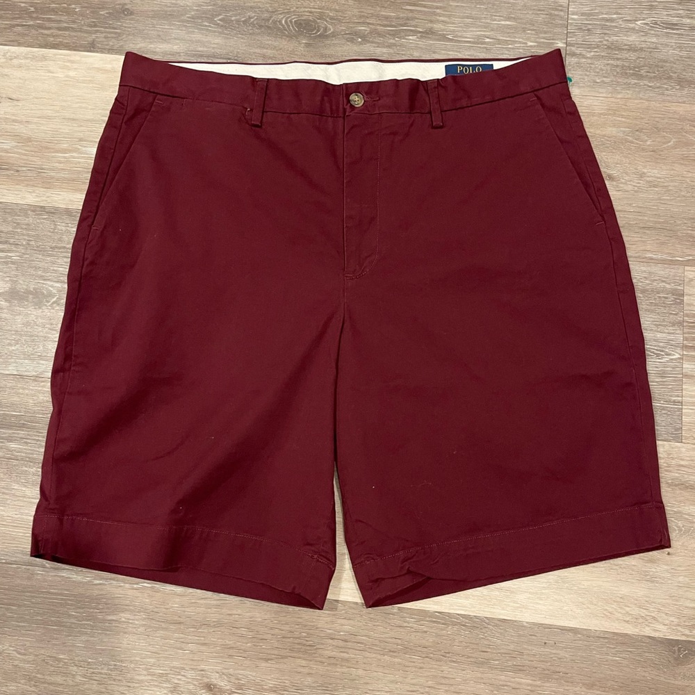 Mens Polo Ralph Lauren Khaki Shorts Size 36 Maroon Red Like New Pockets Button